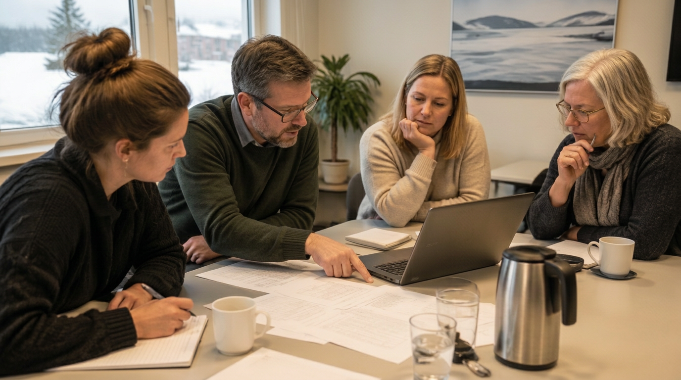 Fyra kollegor i ett kommunhus går igenom utskrivna listor tillsammans vid ett mötesbord