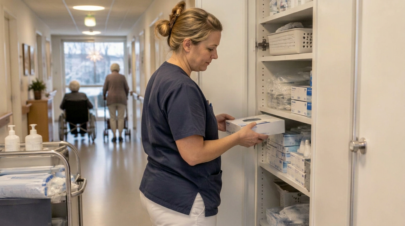 Vårdpersonal fyller på ett avdelningsförråd med förbrukningsmaterial på ett särskilt boende